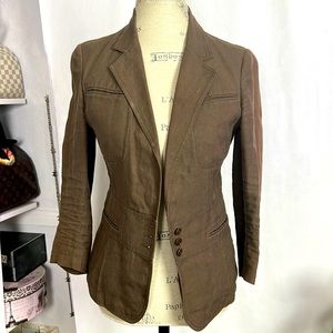 DKNY 100% Linen brown Button Up Long Sleeve Safari Utility Jacket Sz. 4 patches